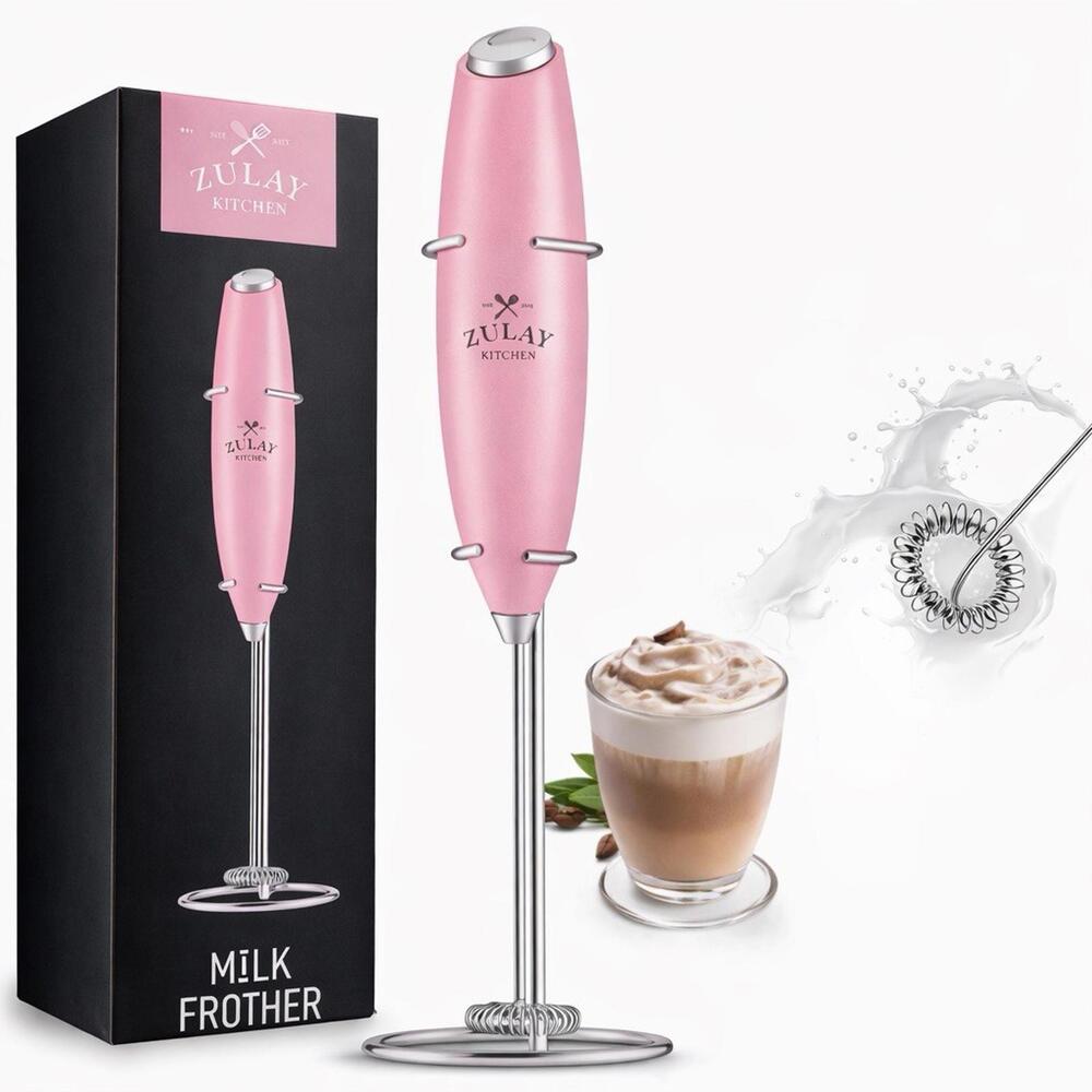 Zulay Kitchen Milk Frother Pink Handheld Coffee Mixer With Stand NEW No Batt